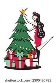 Christmas tree with star and lights with presents under the tree and woman in red dress. Christmas illustration in retro style of 60s-70s with woman decorating Christmas tree.