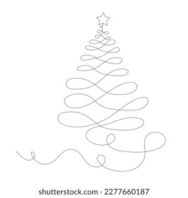 Christmas tree with star line. Minimalistic creativity and art. Design element for greeting postcard. Single, continuing line and object. Cartoon flat vector illustrations isolated on white background