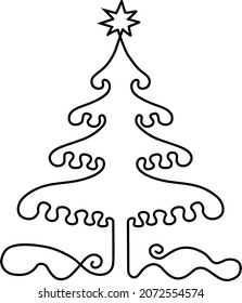 Christmas tree with a star. New Year. Festive mood, humor. Continuous line drawing. Vector illustration. Isolated on white background 