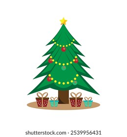 Christmas tree with a star on it. Decorated Christmas tree. Vector illustration.