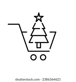 Christmas tree with star on top in shopping cart. Pixel perfect, editable stroke