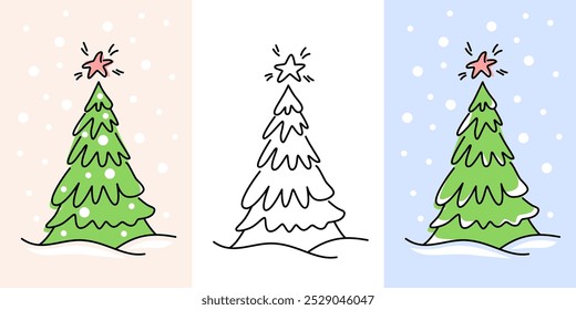Christmas tree with star on top. Vector illustration for gift wrapping, cards, hanging tag, websites, social networks. Set of hand-drawn sketch in color version and black outline on white background.