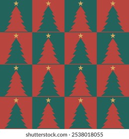 Christmas tree and star on top in square grid geometric red green color, seamless pattern vector use for wrapping paper on gift box.