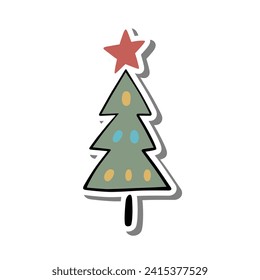 Árbol de Navidad con estrella sobre silueta blanca y sombra gris. Ilustración vectorial para la decoración o cualquier diseño.