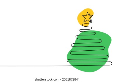 Christmas tree with star one line drawing, green and yellow abstract shapes. Abstract minimal style. Isolated vector illustration 