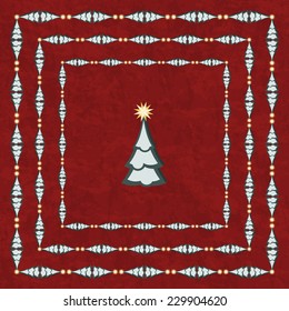 Christmas tree with star over falu red textured velvet background, framed vector illustration