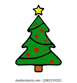Christmas tree with a star and red balls. Decoration, decorate, new year, eve, december 25, winter, holiday atmosphere, celebrate, family celebration, traditions. Colorful icon