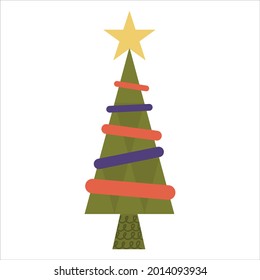 Christmas tree with star and ribbons retro style is isolated on white background. Vector illustration in a flat design in a modern mid-century style.