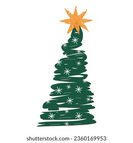 Christmas tree with star and snowflakes isolated on white background.Elements drawn with a brush effect.Green and yellow colors. Modern print on fabric and paper.Cartoon flat illustration in vector.