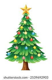 Árbol de Navidad con estrella y adornos coloridos. Vector ilustración de dibujos animados