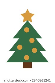 Christmas tree with star topper and round bauble ornament, geometric shapes and clean lines. Symbol of holiday joy, winter festivity, celebration, and warmth. Cartoon vector illustration.