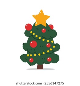 Christmas tree with star topper vector cartoon illustration.