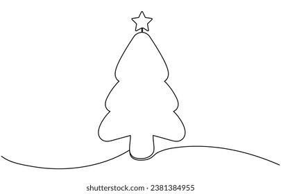 Christmas tree with star toy continuous line drawn. Vector illustration isolated on white background.	