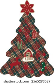 Christmas tree with star, Christmas toys, bow, watercolor, patchwork. Vector. Red cage, plaid texture. Christmas tree with decoration, fabric, textil surface.