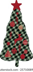 Christmas tree with star, Christmas toys, bow, watercolor, patchwork. Vector. Green cage, plaid texture. Tall Christmas tree with decoration, fabric, textil surface.