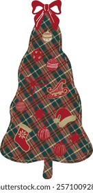 Christmas tree with star, Christmas toys, bow, watercolor, patchwork. Vector. Red cage, plaid texture. Tall Christmas tree with decoration, fabric, textil surface.