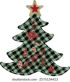 Christmas tree with star, Christmas toys, bow, watercolor, patchwork. Vector. Green cage, plaid texture. Festive Christmas tree with decoration, fabric, textil surface.
