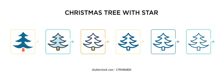 Weihnachtsbaum mit Stern-Vektorsymbol in 6 verschiedenen modernen Stilen. Schwarze, zweifarbige Weihnachtsbaum mit Sternbildern, die in voller Umriss-, Linien- und Strichform entworfen wurden. Vektorgrafik kann