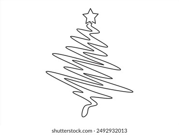 Christmas tree star vector one line continuous illustration. Winter holiday freehand drawing. Hand drawn linear icon. Festive design for print, banner, poster, postcard, New Year greeting card.