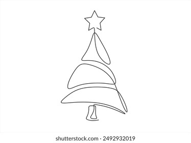 Christmas tree star vector one line continuous illustration. Winter holiday freehand drawing. Hand drawn linear icon. Festive design for print, banner, poster, postcard, New Year greeting card.