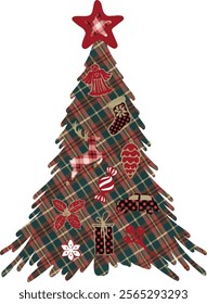 Christmas tree with star, watercolor, patchwork. Vector. Christmas toys, bow, deer, green cage, plaid texture. Christmas tree with decoration, fabric, textil surface.