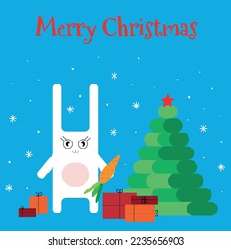 Árbol de Navidad con estrella, liebre geométrica blanca con zanahoria, copos de nieve, regalos sobre fondo azul, vector plano, tarjeta de año nuevo, feliz navidad