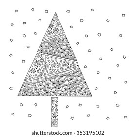 Christmas tree, starry sky. Merry Christmas and Happy New Year. Vector hand drawn artwork. Holiday concept for invitation card, ticket, branding, boutique logo, label. Coloring book page for adult