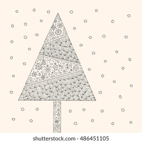 Christmas tree, starry sky. Merry Christmas and Happy New Year. Vector hand drawn artwork. Holiday concept for invitation card, ticket, branding, boutique logo, label. Coloring book page for adult