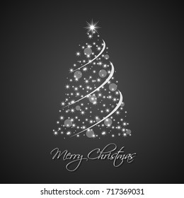 Christmas tree from stars with abstract chain on black background, holiday greeting card with merry christmas sign