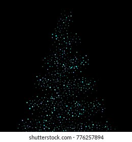 A Christmas tree of stars, circles, sparkling confetti. Random tiny sparkling blue, shiny elements on a black background. New Year and Christmas background. Vector illustration.