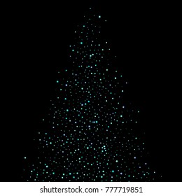 A Christmas tree of stars, circles, sparkling confetti. Random tiny sparkling blue, shiny elements on a black background. New Year and Christmas background. Vector illustration.