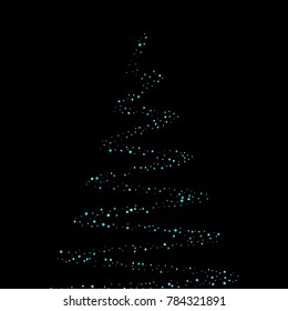 A Christmas tree of stars, circles, sparkling confetti. Random tiny sparkling blue, shiny elements on a black background. New Year and Christmas background. Vector illustration.