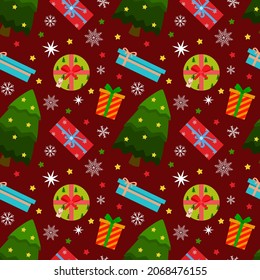 Christmas tree with stars, colorful gift boxes, white snowflakes. Vector seamless pattern on a red background.
