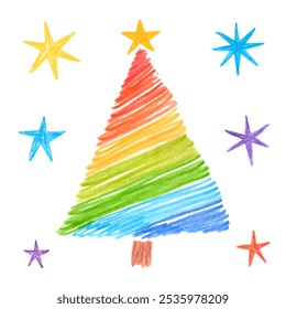 Christmas tree and stars. Doodle drawing by hand with colored pencils. Cute simple children's drawings with crayon. Strokes in rainbow colors, shading. New Year's element isolated on white.