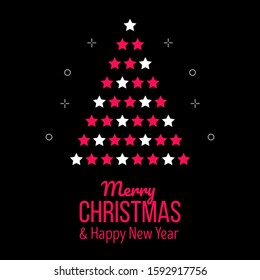 Christmas tree from stars on black background. Minimalistic simple vector illustration for greeting card, Christmas and New Year decoration.