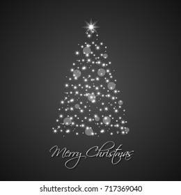 Christmas tree from stars on black background, holiday greeting card with merry christmas sign