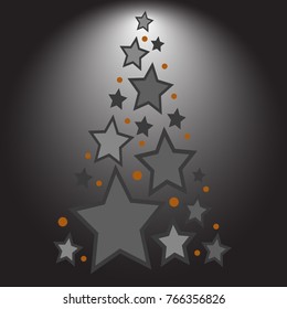 Christmas tree with stars on black background. Flat design, vector.
