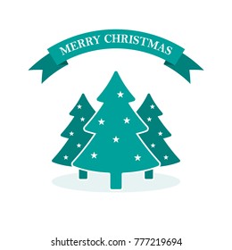 Christmas tree with stars and ribbon, in flat design. Vector illustration. Christmas greeting card