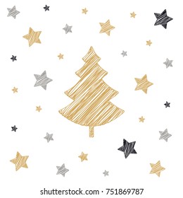 christmas tree stars scribble card drawing white background