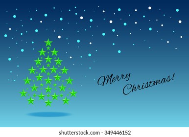 Christmas tree with stars, snowflakes - stock vector. Christmas design for greeting card. Christmas tree isolated on blue background. Happy New Year design. Christmas tree with place for your text.