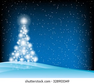 Christmas Tree, Stars and Winter Blue Background. Illustration  Vector Eps10.
