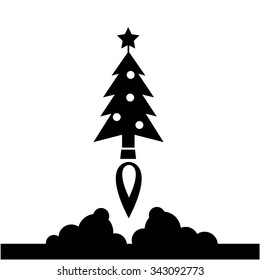 Christmas tree starting like a rocket launch vector startup business icon | black flat design pictogram illustration and infographic isolated on white background