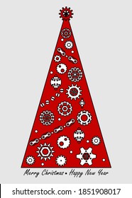 Árbol de Navidad al estilo de steampunk. Diseño de ingeniería industrial. Ruedas y engranajes sobre un fondo rojo . Plantilla gráfica.