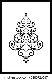 Christmas tree stencil. Template for Christmas cards, invitations. Suitable for laser cutting, plotter cutting. Winter holiday design template.
