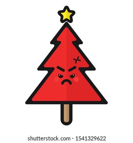 Christmas tree sticker or emoticon angry, free vector