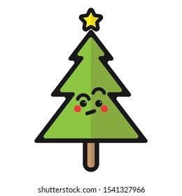 Christmas tree sticker or emoticon confused, free vector