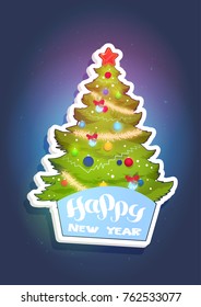 Christmas Tree Sticker Happy New Year Concept Holiday Greeting Card Flat Vector Illustration
