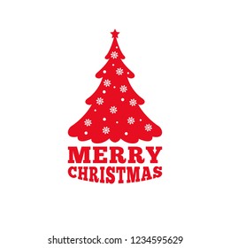 Christmas tree sticker red, vector illustration, flat tree silhouette, new year, snowflakes, snow
