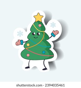 Christmas tree of sticker set. Demonstration of the festive cheer with this adorable Christmas tree character in a colorful sticker style. Vector illustration.
