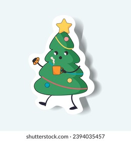 Christmas tree of sticker set. A funny Christmas tree drinks hot tea and prepares for the winter holidays - the main idea of the sticker. Vector illustration.